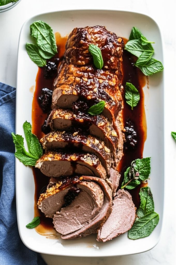 Stuffed Leg of Lamb with Balsamic-Fig-Basil Sauce