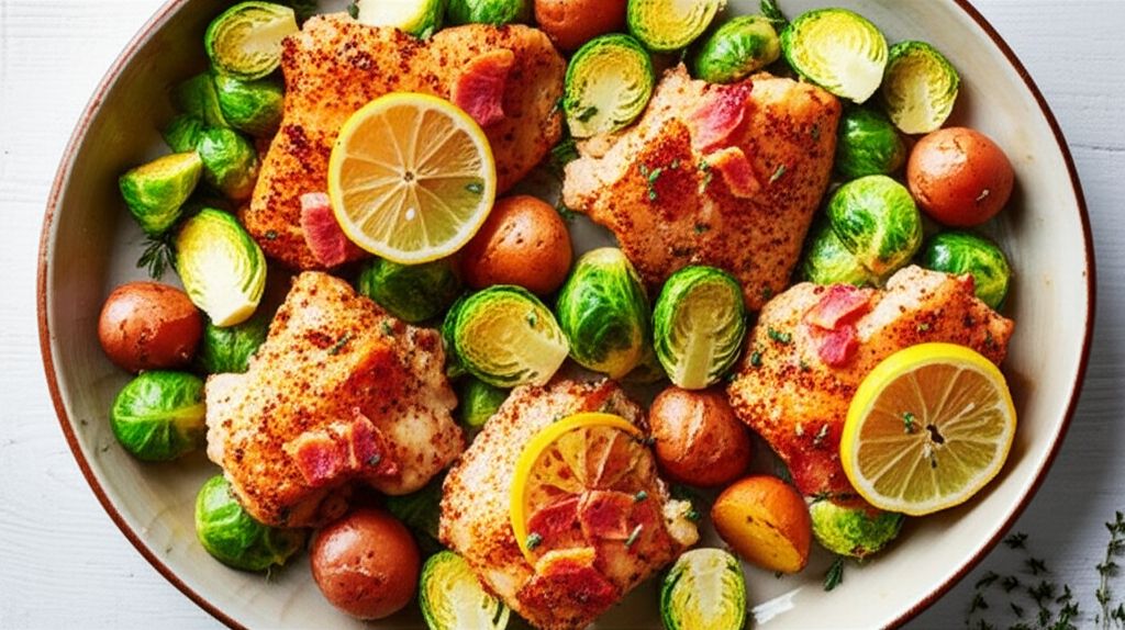 Pan-Roasted Chicken with Lemon-Garlic Brussels Sprouts and Potatoes