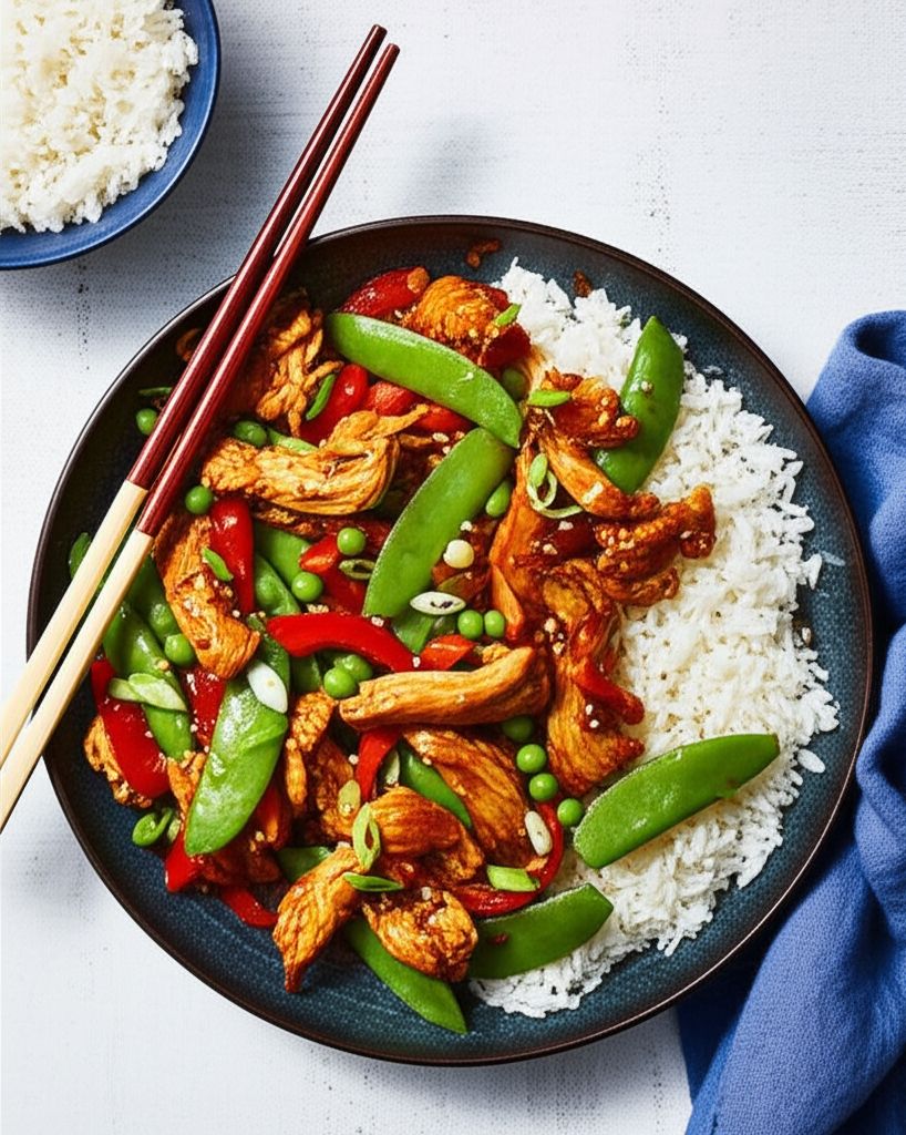 Szechuan Chicken, Peppers, and Peas on Rice