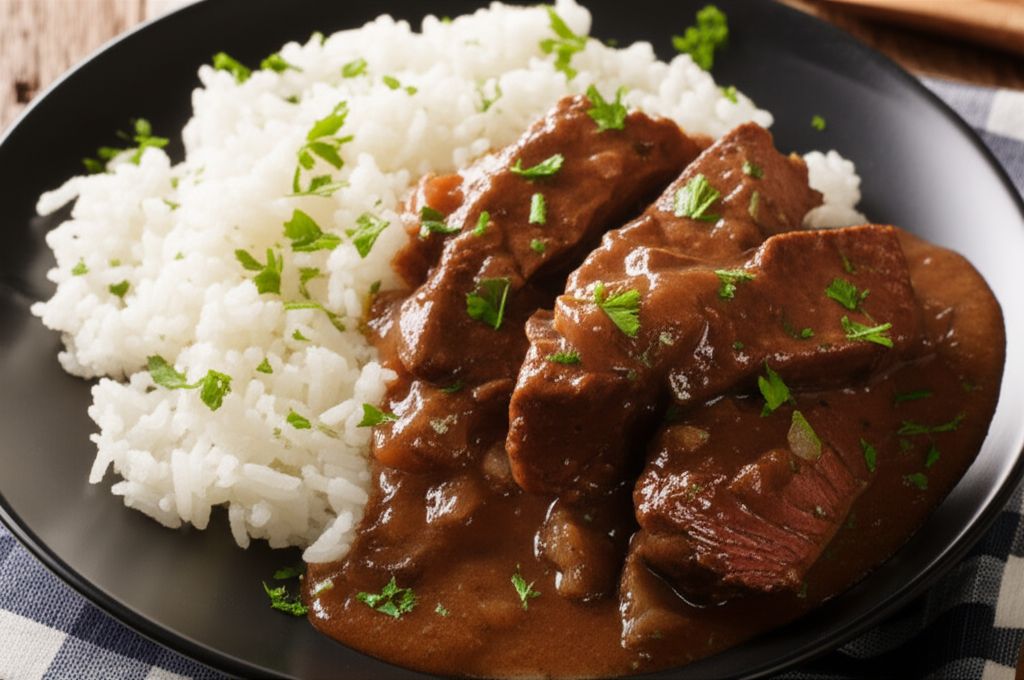 Beef Tips and Merlot Gravy with Beef and Onion Rice