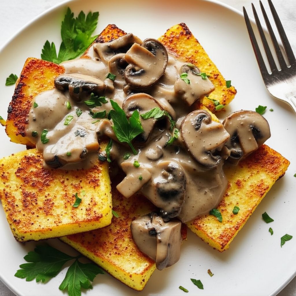 Fried Polenta Squares with Creamy Mushroom Ragu