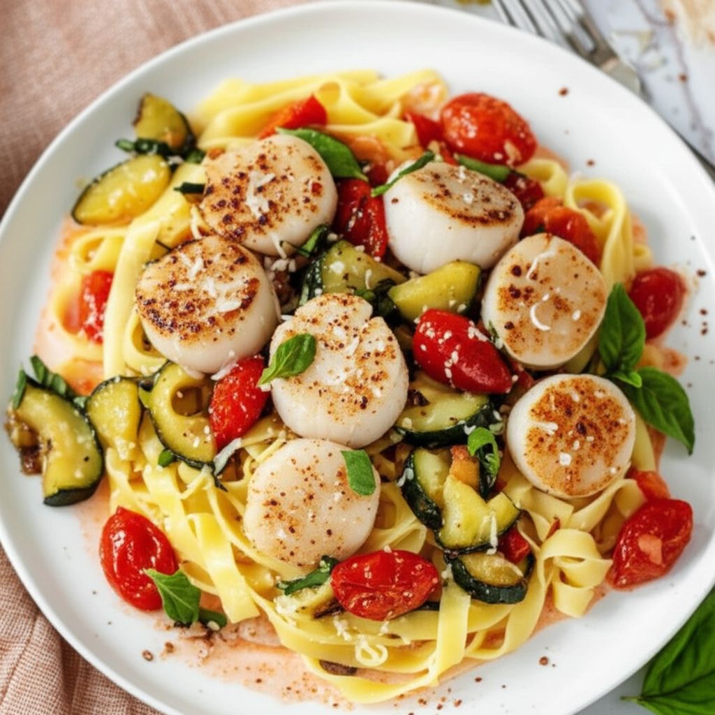 Pasta with Scallops, Zucchini, and Tomatoes